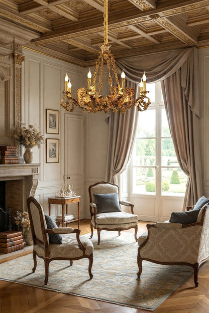 Rurik Acanthus Leaf Brass Chandelier illuminating an elegant sitting room with antique furniture and large windows.