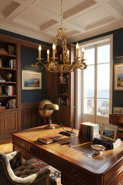 Rurik Acanthus Leaf Brass Chandelier illuminating a stylish office with bookshelves and a wooden desk.