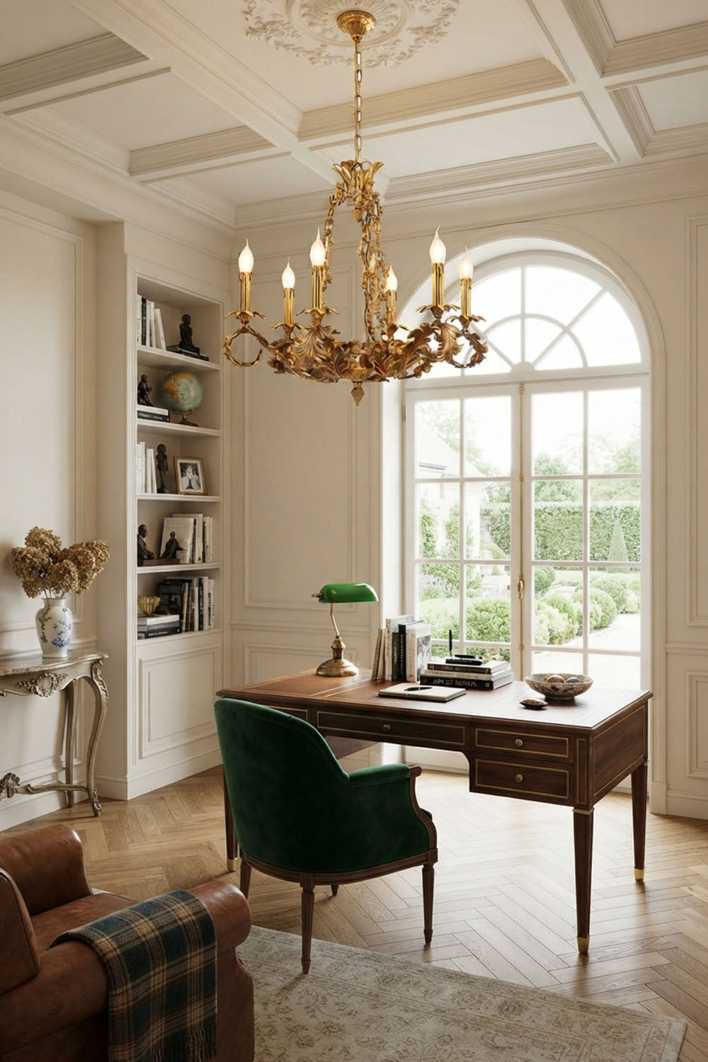 Rurik Acanthus Leaf Brass Chandelier illuminating a stylish office with wood desk and green accent chair.