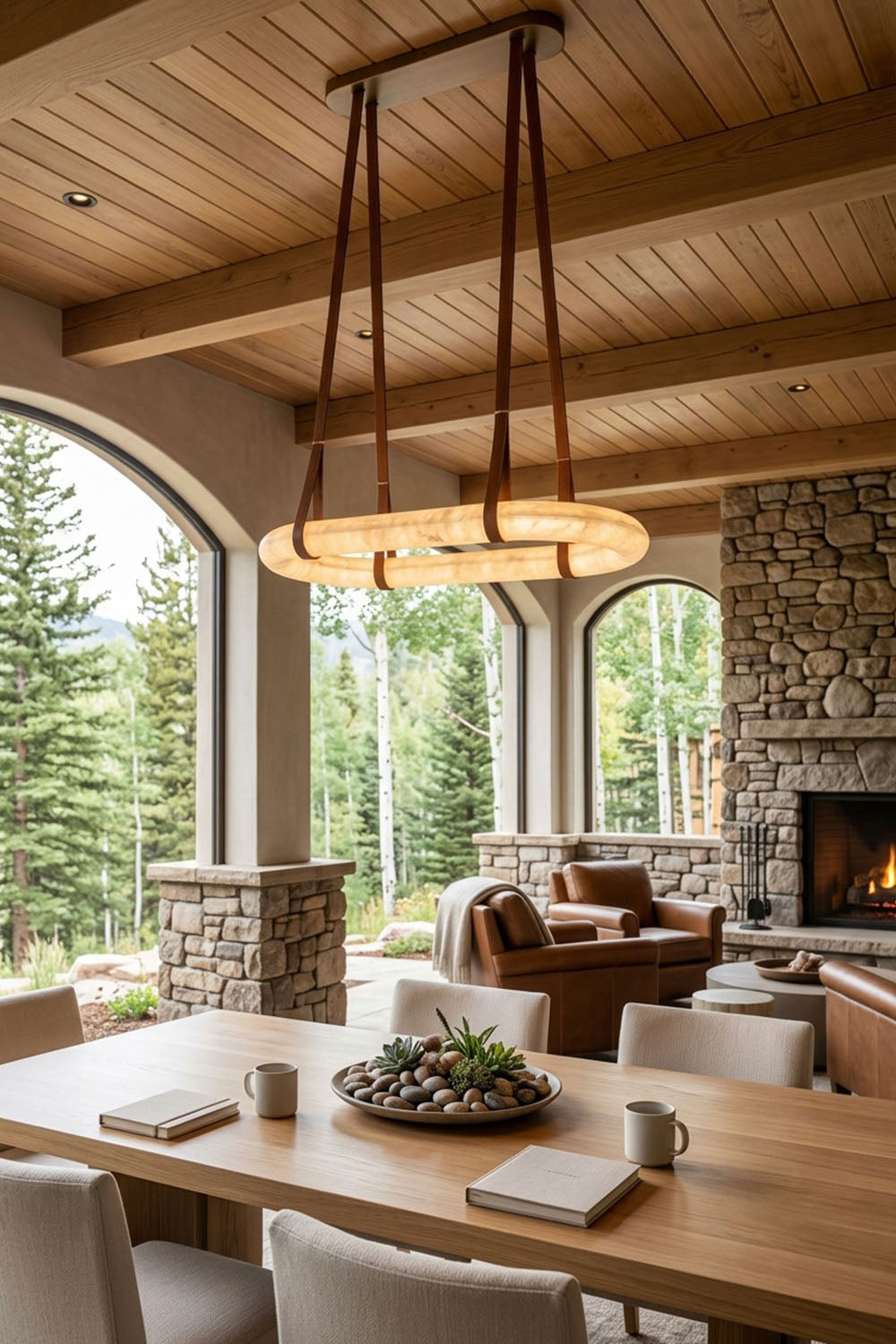 Selwyn Racetrack Alabaster Leather Pendant Light | Natural Alabaster, Leather and Metal | Displayed in a rustic dining room with stone fireplace and wood ceiling | vexa lamps