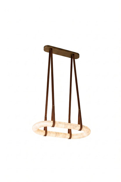 Selwyn Racetrack Alabaster Leather Pendant Light | Natural Alabaster, Leather and Metal | Front full view on a pure white background, illuminated | vexa lamps