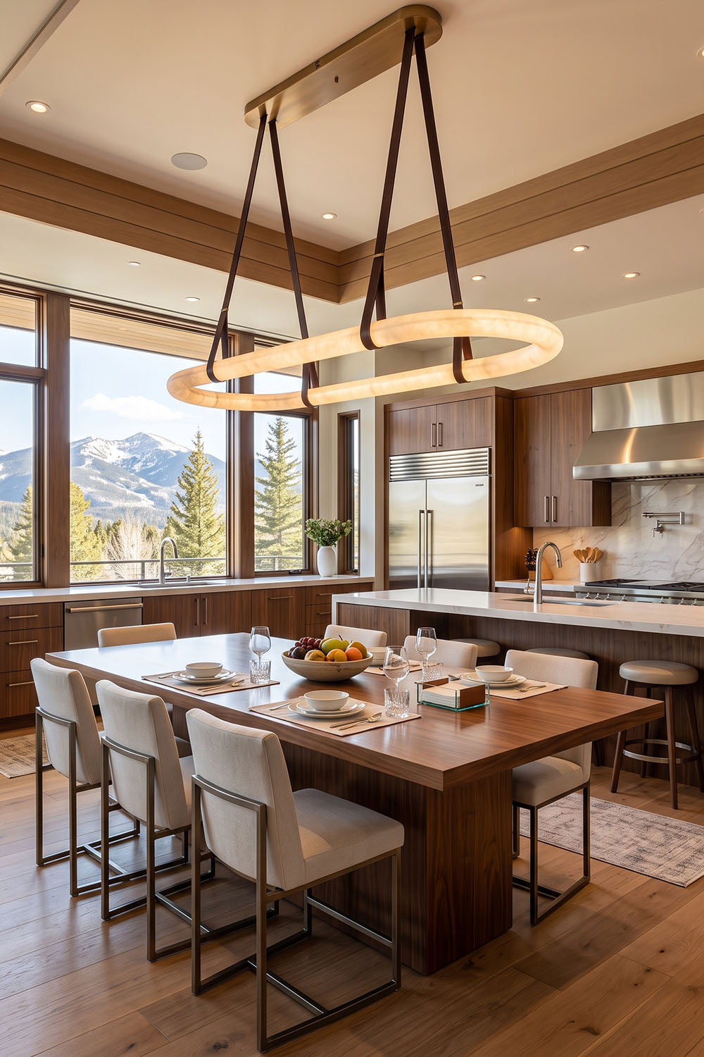 Selwyn Racetrack Alabaster Leather Pendant Light | Natural Alabaster, Leather and Metal | Suspended over a wooden kitchen island counter with bar stools | vexa lamps