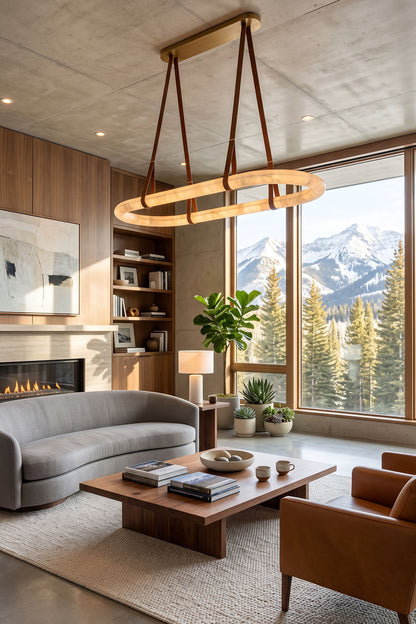 Selwyn Racetrack Alabaster Leather Pendant Light | Natural Alabaster, Leather and Metal | Centered in a modern living room with grey sectional sofa and large windows | vexa lamps