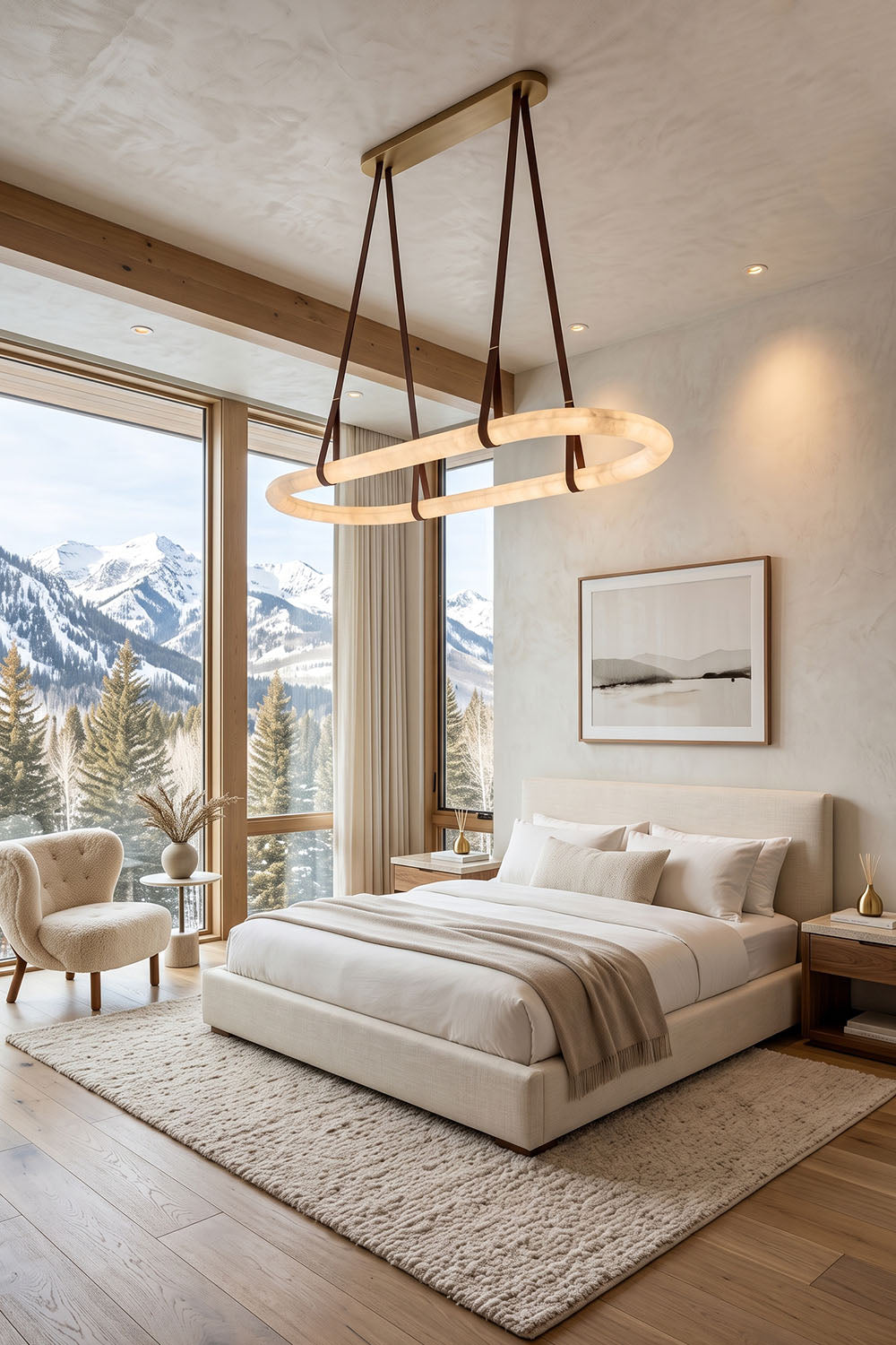 Selwyn Racetrack Alabaster Leather Pendant Light | Natural Alabaster, Leather and Metal | Hanging above a plush bed in a bedroom with snow mountain views | vexa lamps