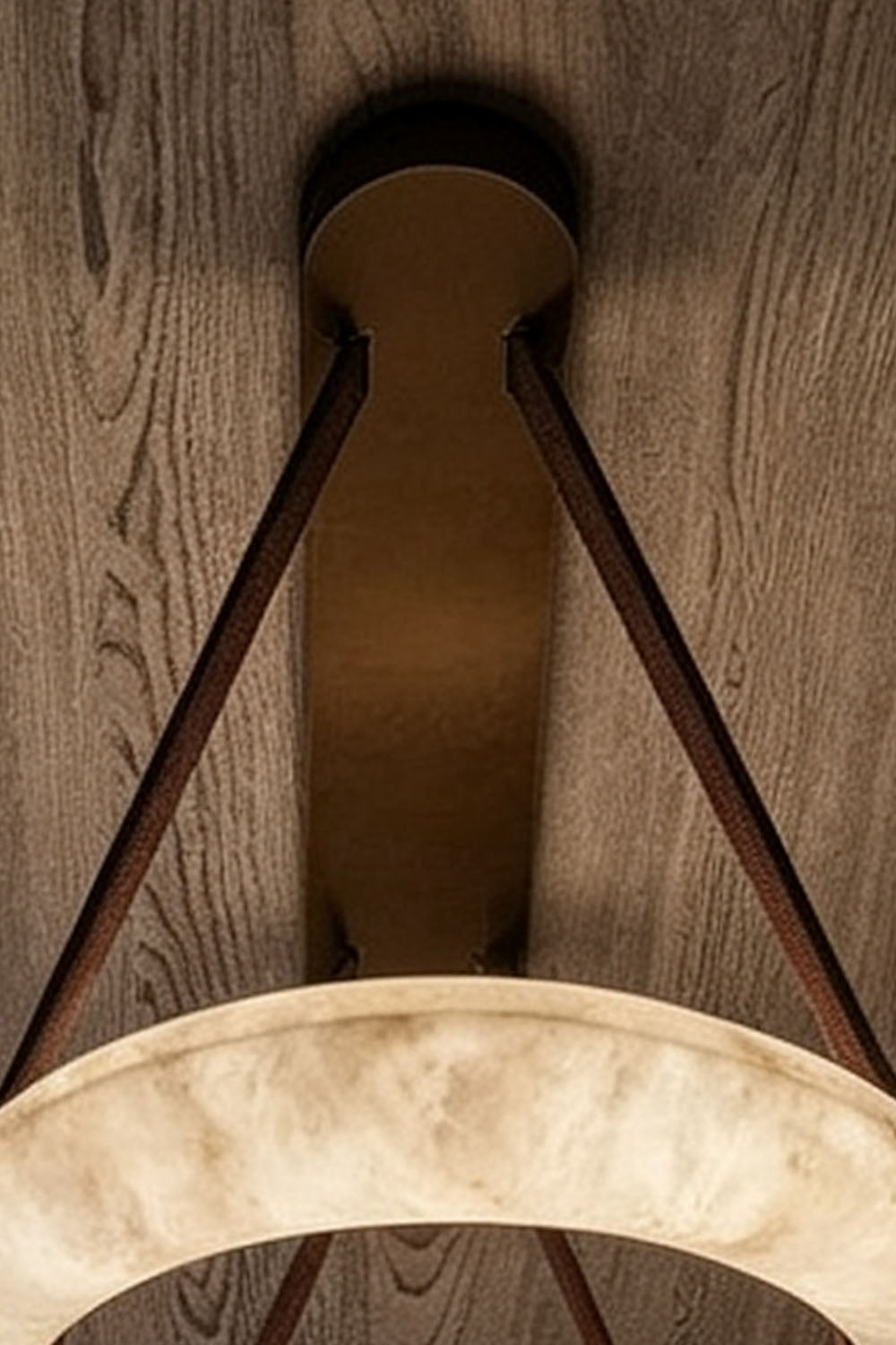 Selwyn Racetrack Alabaster Leather Pendant Light | Natural Alabaster, Leather and Metal | Close-up view showing top ceiling canopy and brown leather suspension straps | vexa lamps