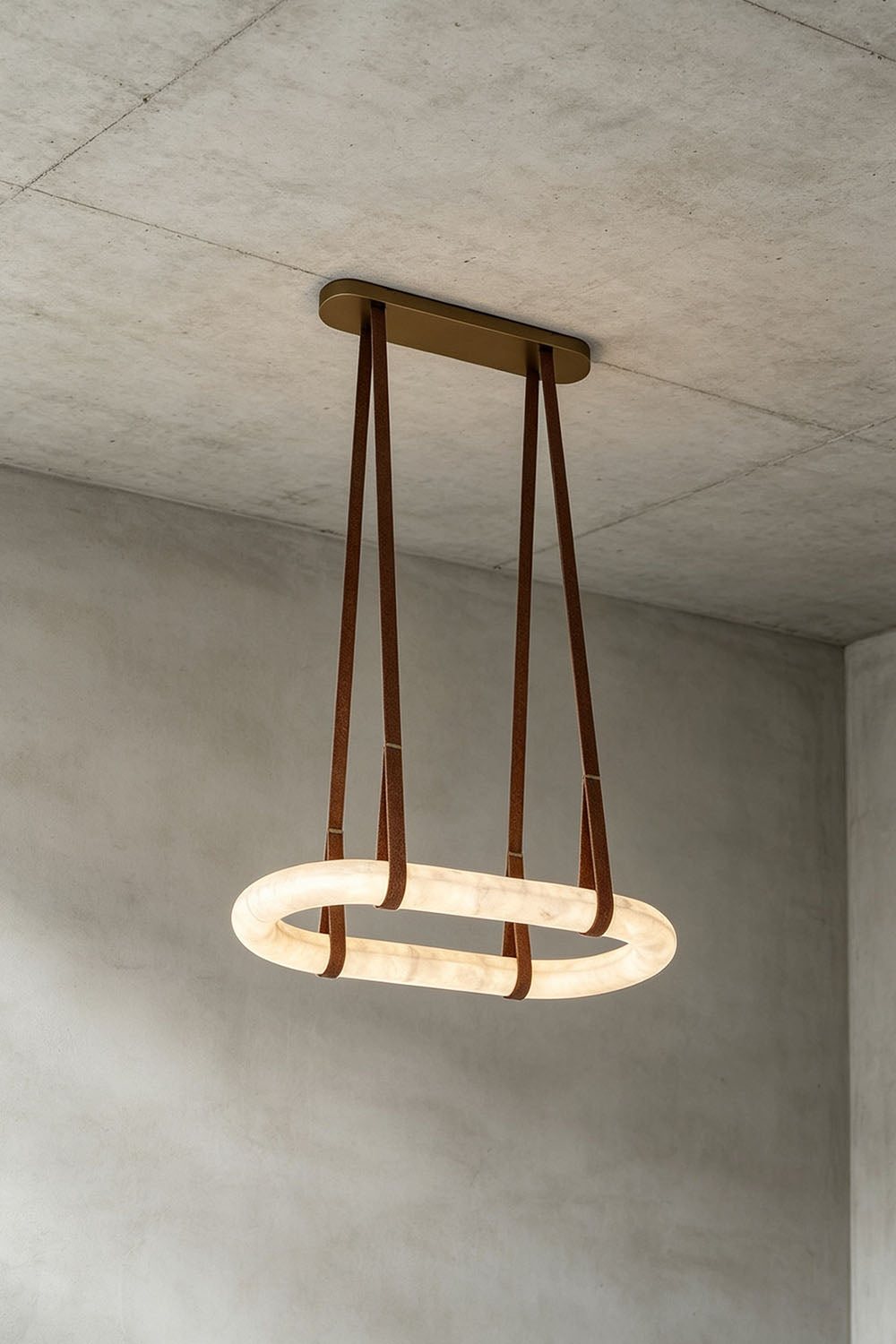 Selwyn Racetrack Alabaster Leather Pendant Light | Natural Alabaster, Leather and Metal | Full product view hanging against a plain concrete wall backdrop | vexa lamps