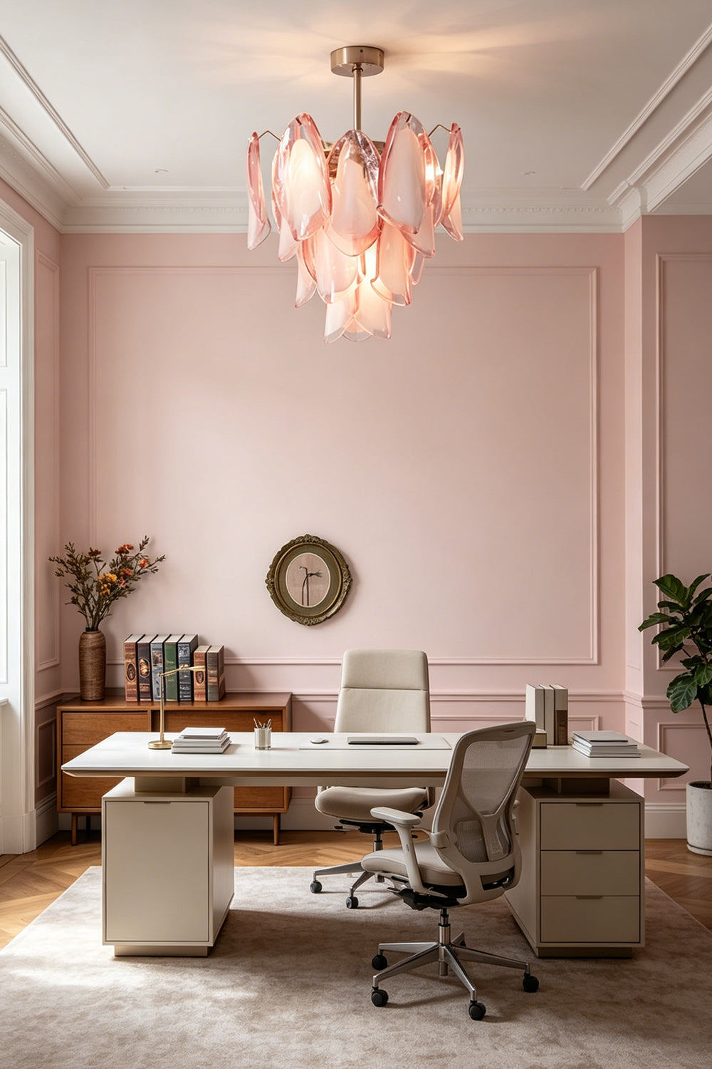 Seraph petal glass ceiling light in a modern office | Metal, Glass | Interior scene with a large white desk and office chair | vexa lamps