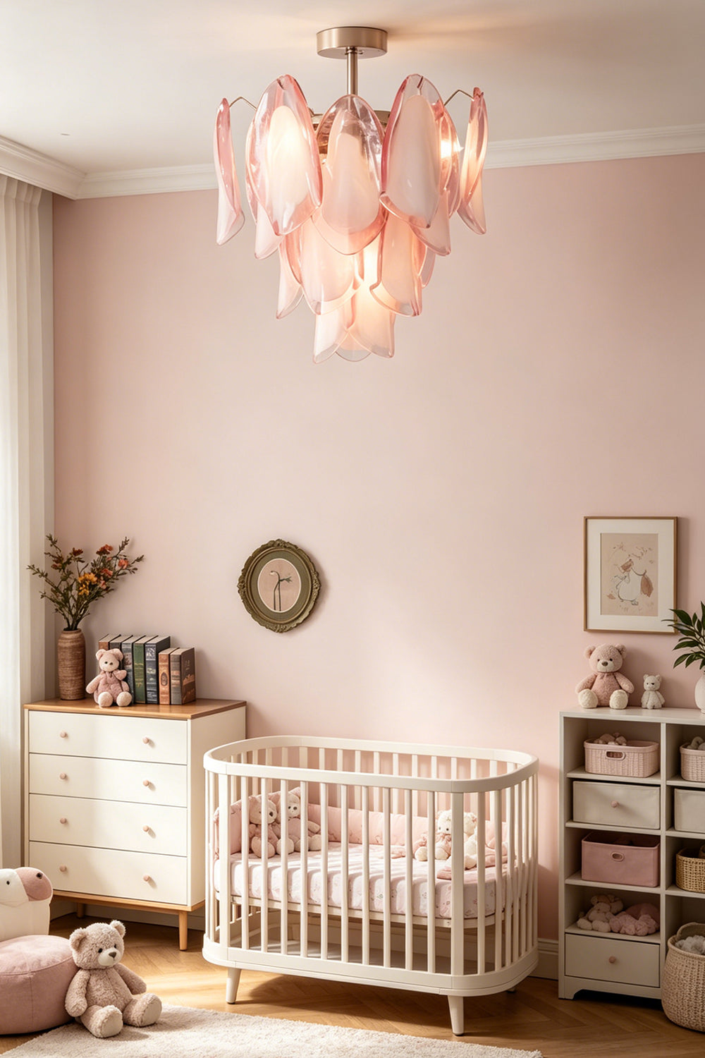Seraph petal glass ceiling lamp in a nursery | Metal, Glass | Installed above a white crib in a room with pink walls | vexa lamps