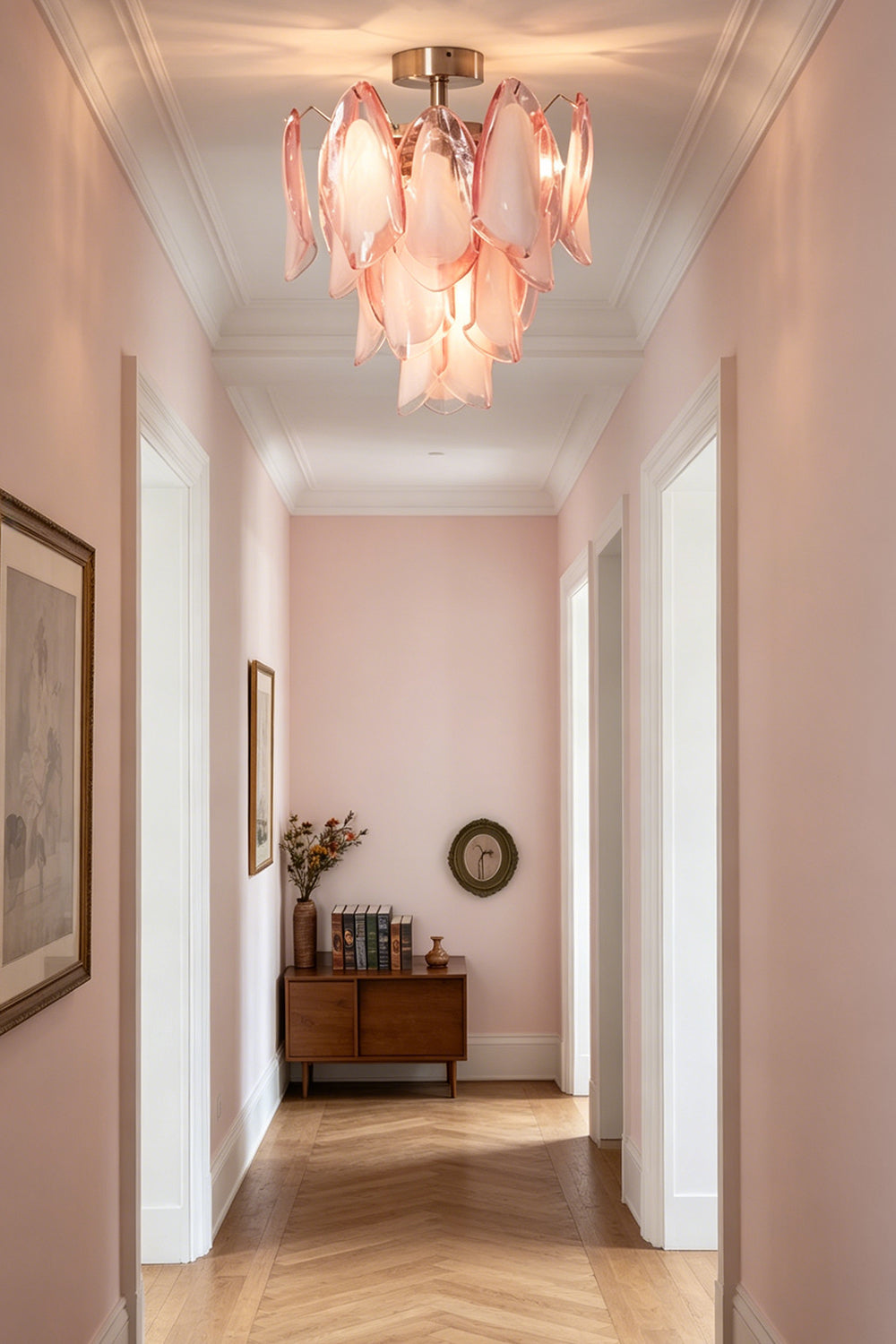 Seraph petal glass ceiling light in a long pink corridor | Metal, Glass | Perspective view of a hallway with a wooden cabinet | vexa lamps