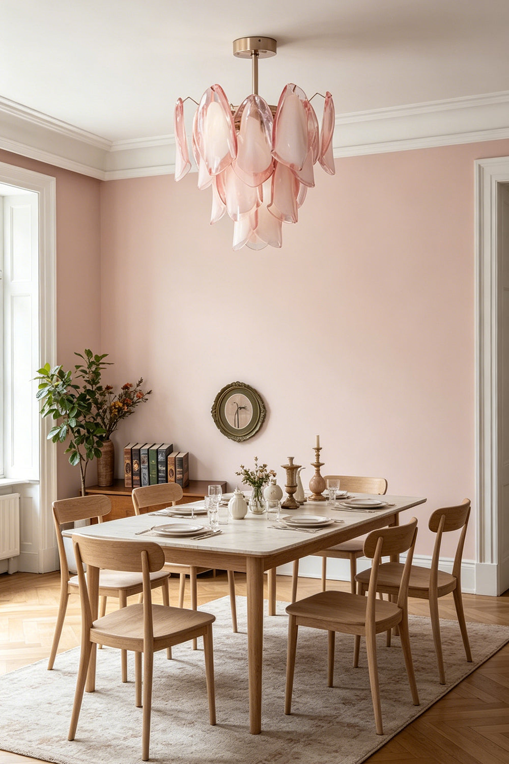 Pink glass petal ceiling light in a dining area | Metal, Glass | Installed over a wooden table and chairs in a pink room | vexa lamps