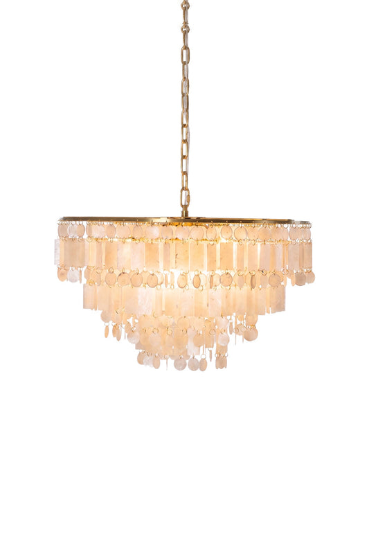 Seraphina Capiz Cascade Metal Chandelier featuring capiz shell discs and satin gold frame.