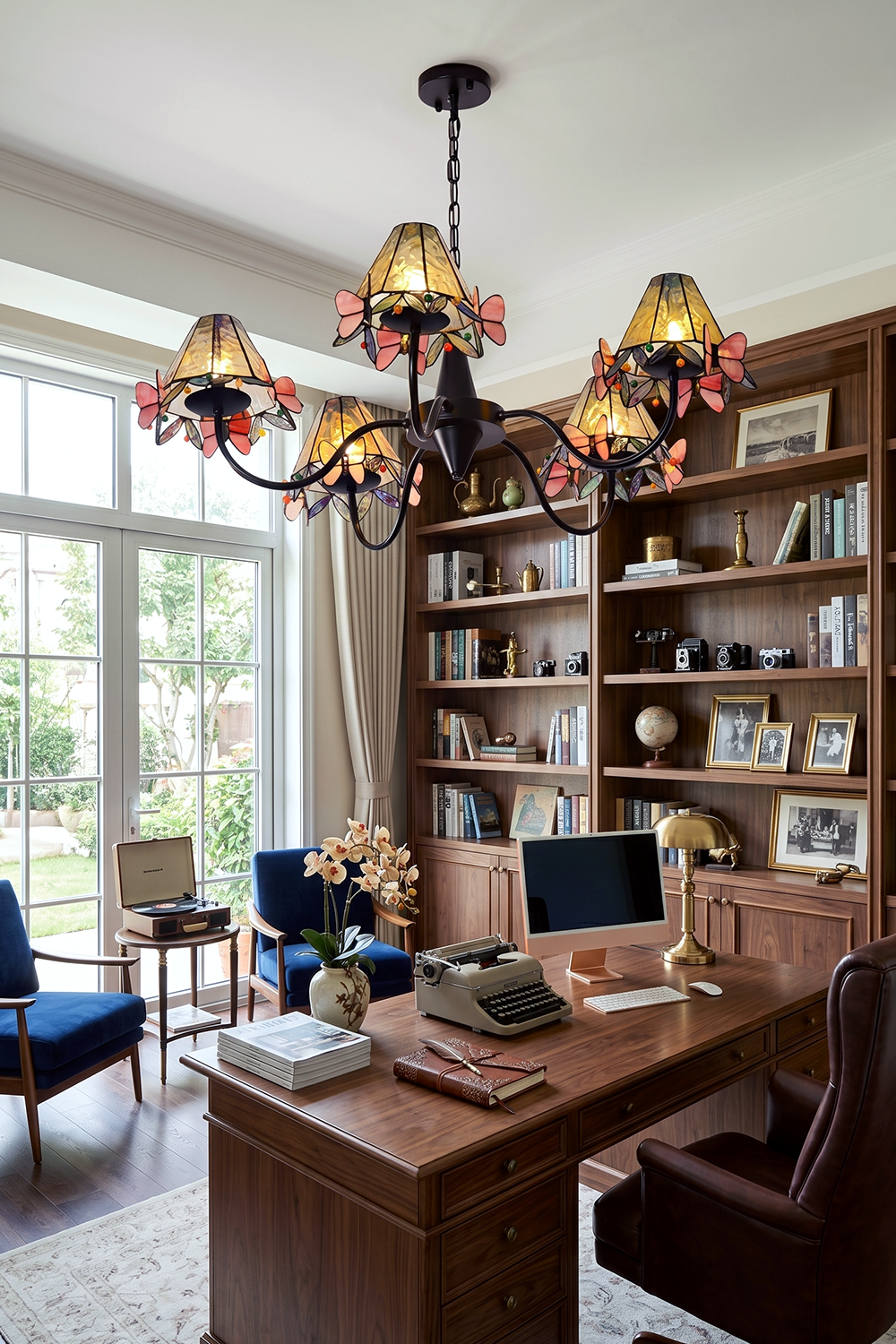 Seraphina Stained Glass Chandelier | Glass, Metal | Providing a warm ambient glow in a traditional home library over a wooden writing desk and leather chair | vexa lamps