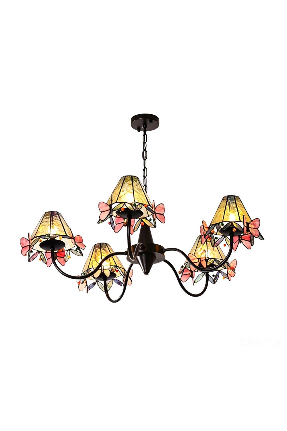 Seraphina Stained Glass Chandelier | Glass, Metal | Multi-arm Tiffany-style stained glass chandelier with yellow panels and pink butterfly motifs on curved black metal arms | Isolated lit product shot on white background | vexa lamps