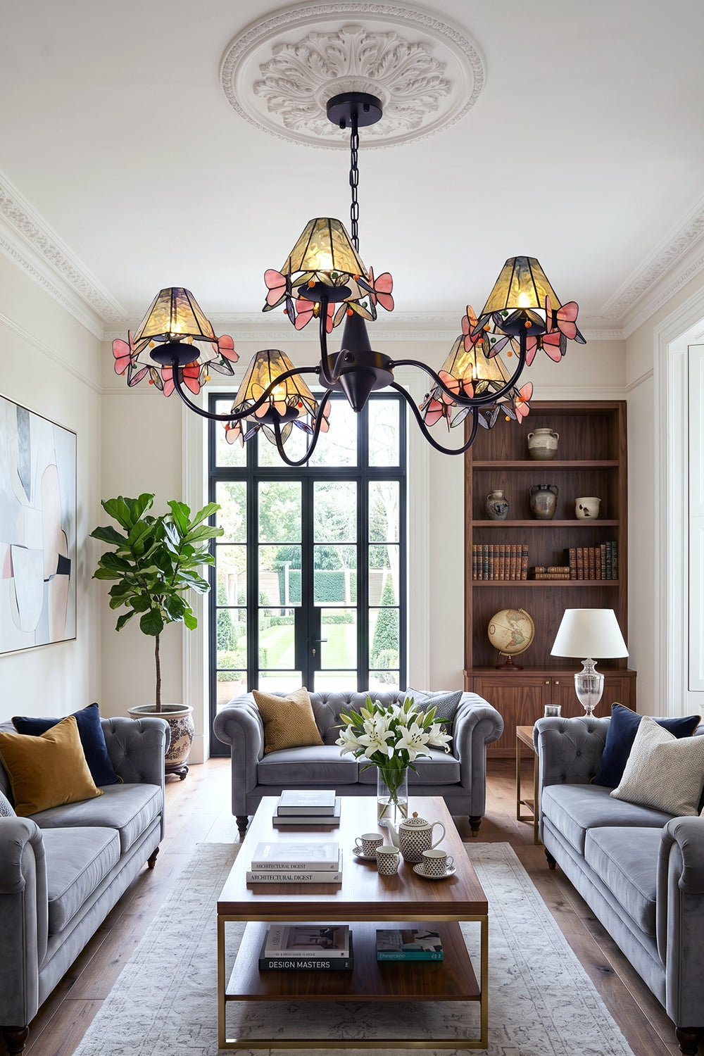 Seraphina Stained Glass Chandelier | Glass, Metal | Installed below an ornate ceiling medallion as a luxurious center light in a sophisticated grey living room | vexa lamps