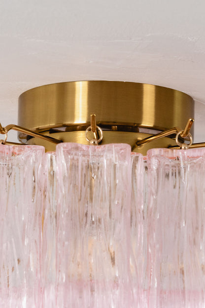 Seraphine Starburst Glass Tube Ceiling Light | Pink Glass and Brass | Close-up view of the brushed brass flush mount top canopy | vexa lamps