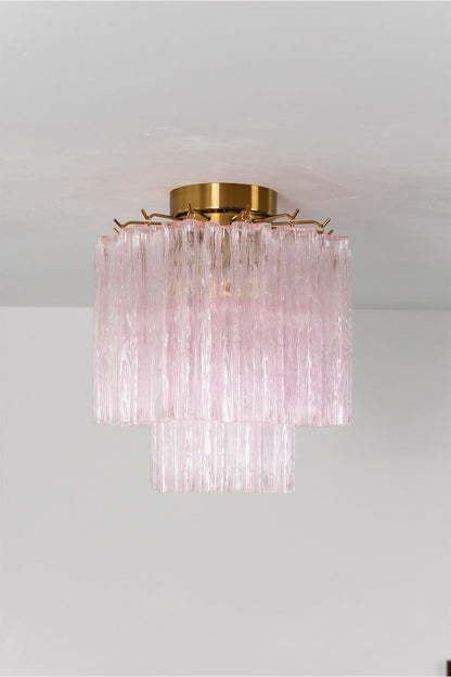 Seraphine Starburst Glass Tube Ceiling Light | Pink Glass and Brass | Front illuminated view mounted against a plain white backdrop | vexa lamps