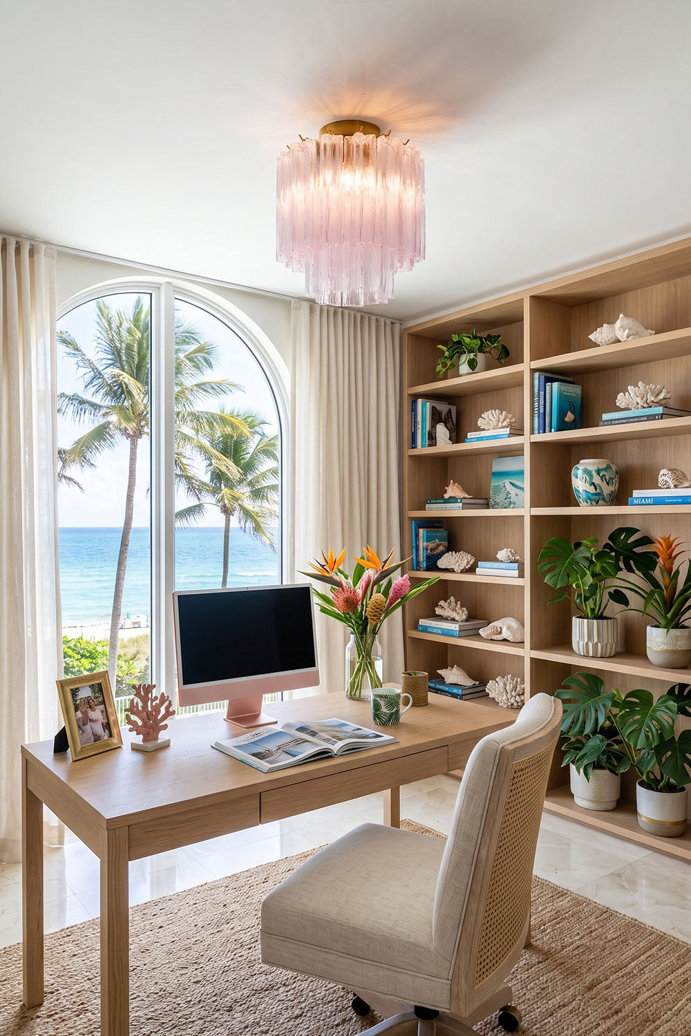 Seraphine Starburst Glass Tube Ceiling Light | Pink Glass and Brass | Installed in a bright home office with wooden desk and ocean view | vexa lamps