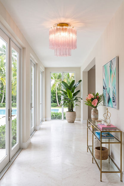 Seraphine Starburst Glass Tube Ceiling Light | Pink Glass and Brass | Illuminating a bright long hallway corridor with glass doors | vexa lamps