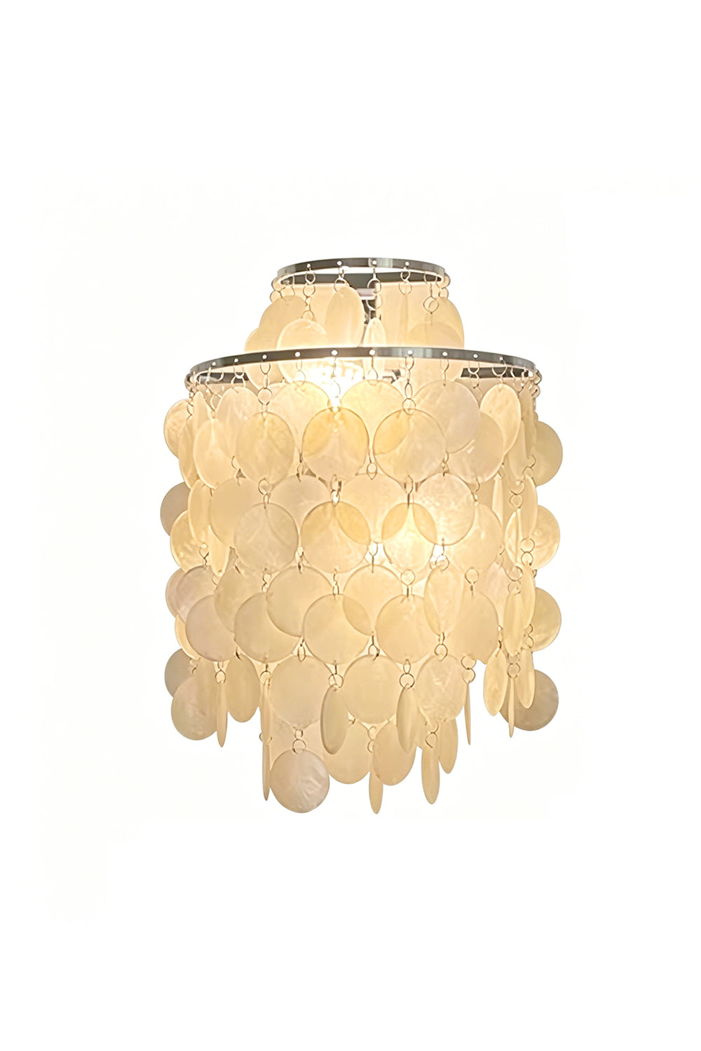 Cascading capiz shell wall light with tiered design | Shell | Iron | Lit front view on white background | vexa lamps