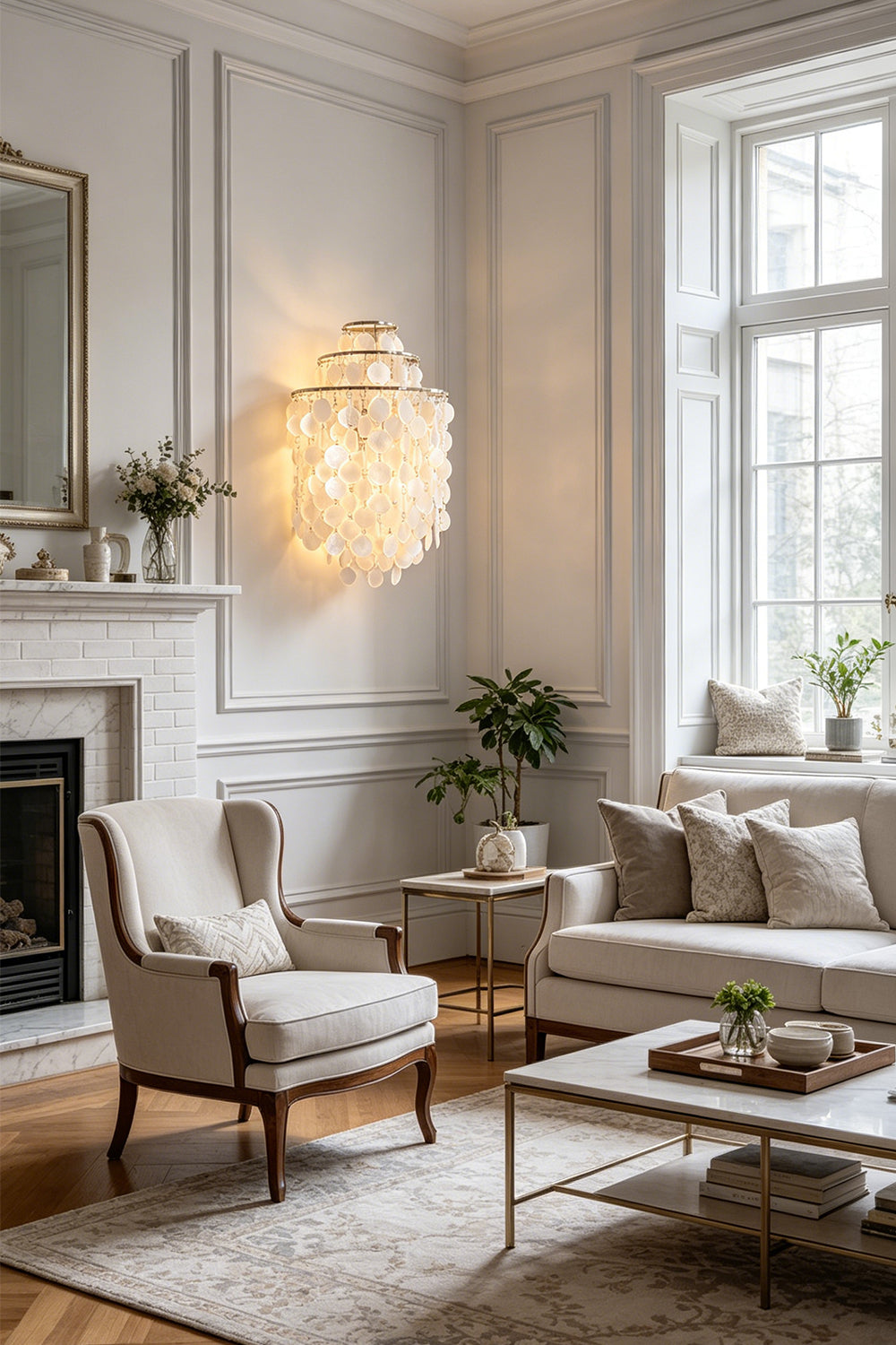 Elegant shell cascading wall light | Shell | Iron | Installed in a classic living room beside a window | vexa lamps