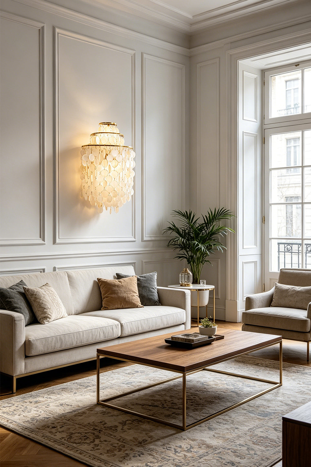 Round shell disc wall sconce | Shell | Iron | Mounted on a white wall in a bright modern living room | vexa lamps
