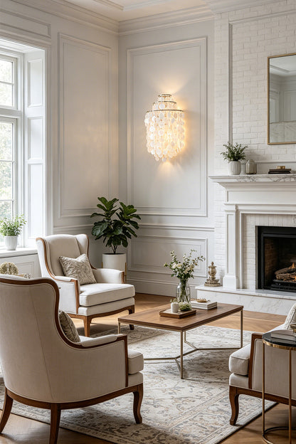 Tiered shell wall lamp providing warm glow | Shell | Iron | Living room interior with fireplace and armchairs | vexa lamps