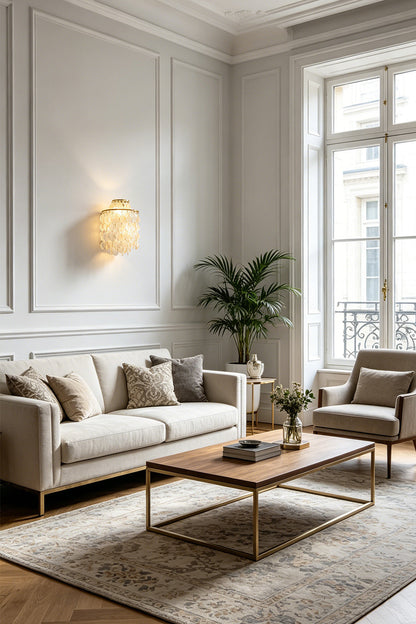 Capiz shell tiered wall sconce | Shell | Iron | Side wall installation in a bright living room space | vexa lamps