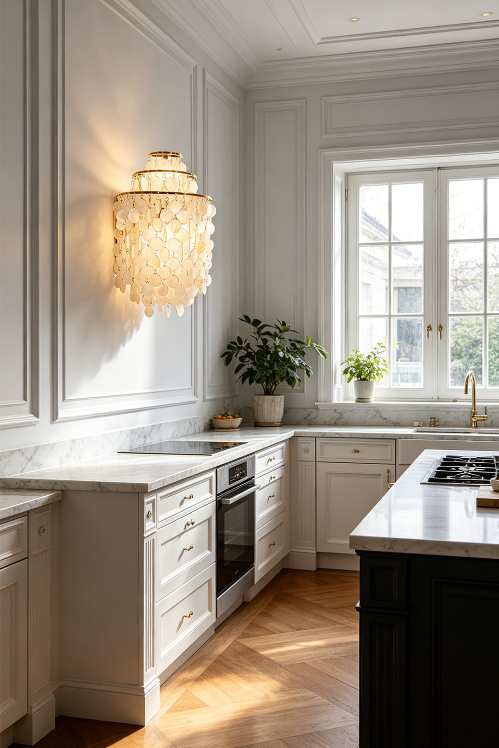 Decorative shell wall light | Shell | Iron | Interior kitchen scene with sunlight and white cabinetry | vexa lamps
