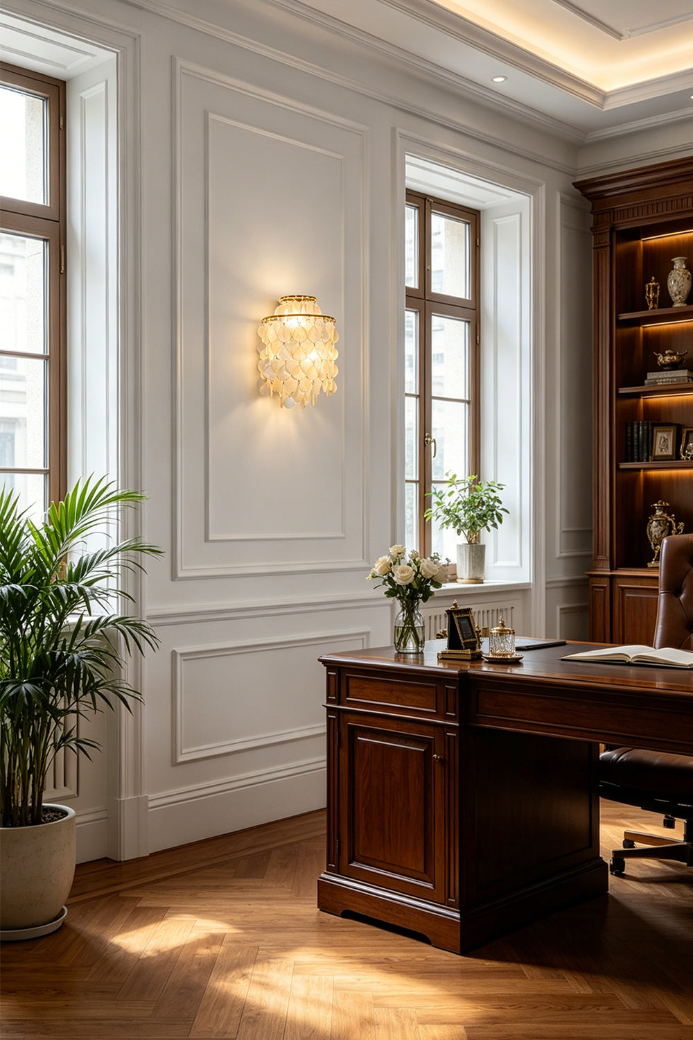 Classic shell wall light for study | Shell | Iron | Installed in a home office above a mahogany desk | vexa lamps