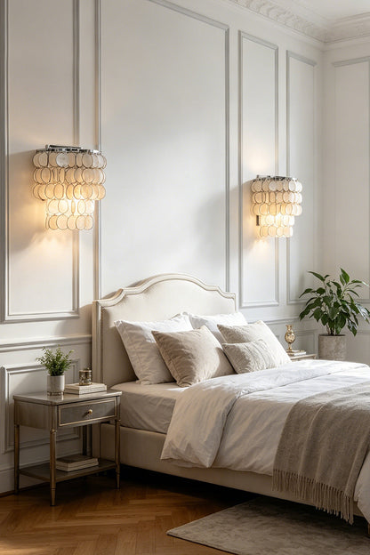Pair of shimmering Capiz wall lamps | Shell | Iron | Installed on both sides of a bed in a classic bedroom | vexa lamps