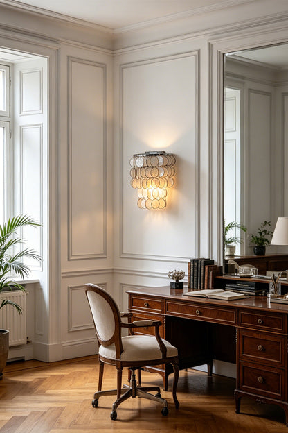 Round Capiz shell wall sconce | Shell | Iron | Home office scene with desk and natural light | vexa lamps