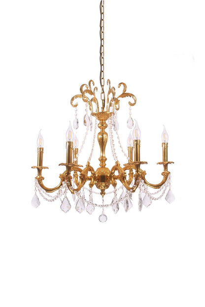 Sidonie Scrolled Brass Crystal Chandelier featuring elegant design with crystals and vintage brass finish.