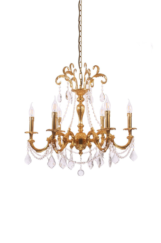 Sidonie Scrolled Brass Crystal Chandelier featuring elegant design with crystals and vintage brass finish.