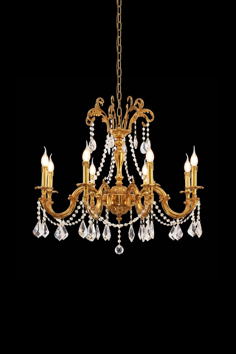 Sidonie Scrolled Brass Crystal Chandelier with elegant design and sparkling crystals against a black background.