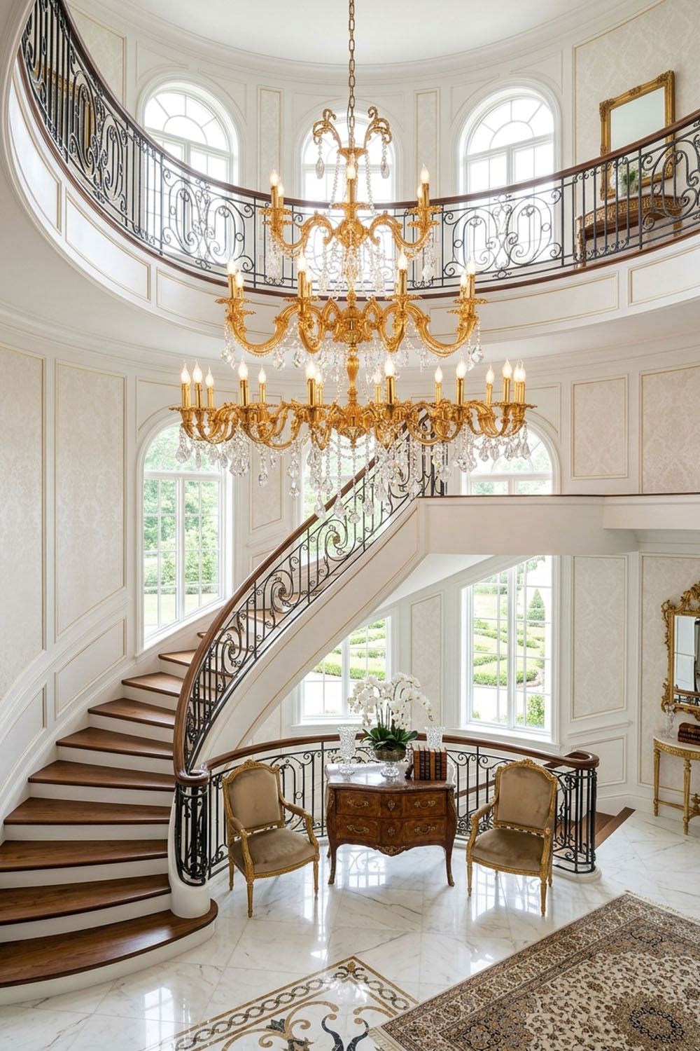 Sidonie Scrolled Brass Crystal Chandelier illuminating an elegant foyer with grand staircase and luxurious decor.