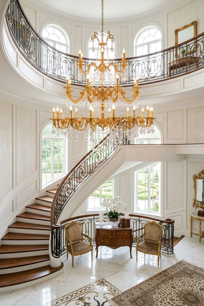 Sidonie Scrolled Brass Crystal Chandelier illuminating an elegant foyer with grand staircase and luxurious decor.