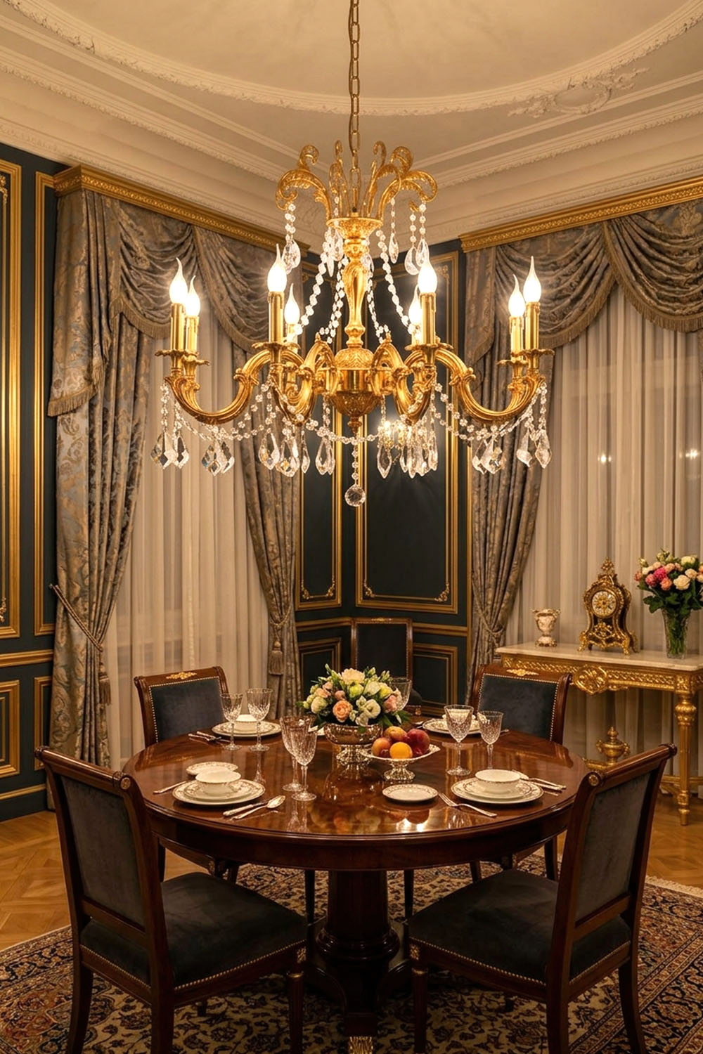 Sidonie Scrolled Brass Crystal Chandelier illuminating an elegant dining room with rich decor.