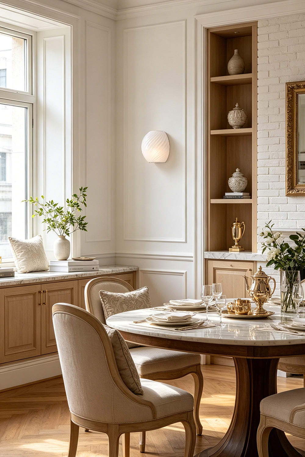 Silas Ribbed Glass Wall Sconce | Ribbed Glass, Metal | White frosted glass option staged on a wall in a bright dining area, casting a soft glow near a round wooden table | vexa lamps