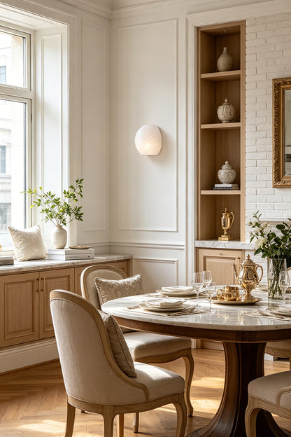 Silas Ribbed Glass Wall Sconce | Ribbed Glass, Metal | White frosted glass option staged on a wall in a bright dining area, casting a soft glow near a round wooden table | vexa lamps