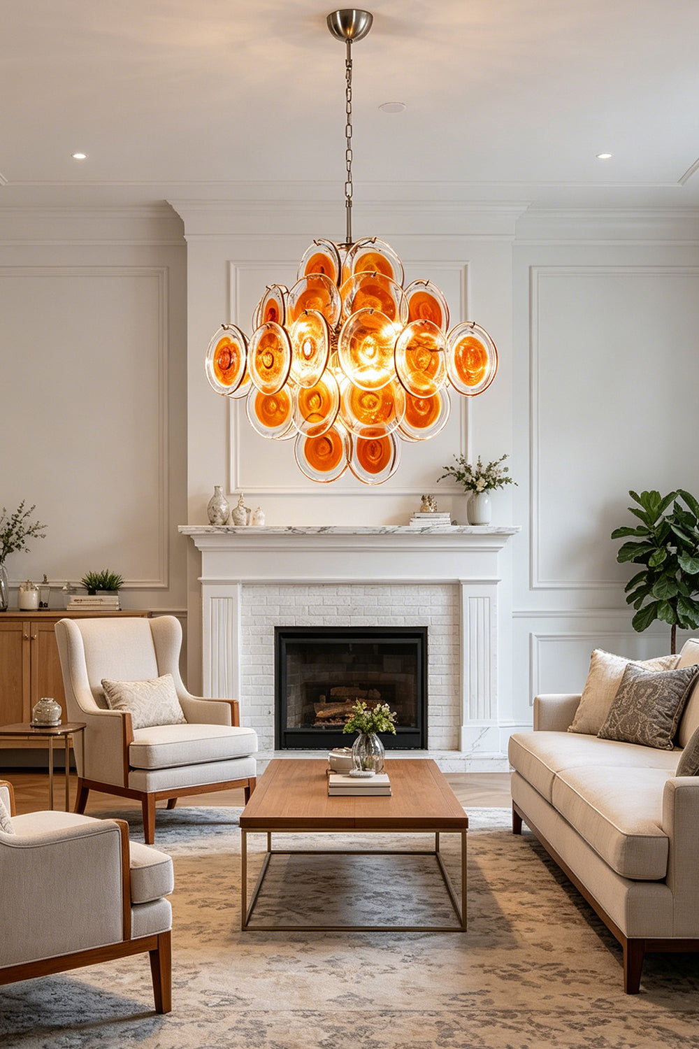 Solari Amber Glass Chandelier in a classic living room | Metal, Glass | Hanging over a fireplace and beige sofas | vexa lamps