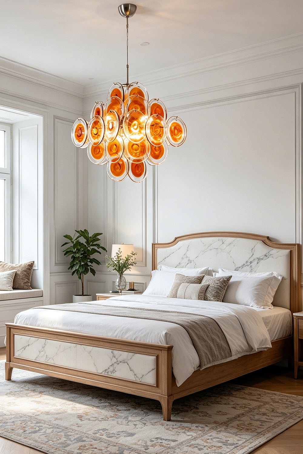 Solari Amber Glass Chandelier | Metal, Glass | Bedroom interior scene with natural light from a window | vexa lamps