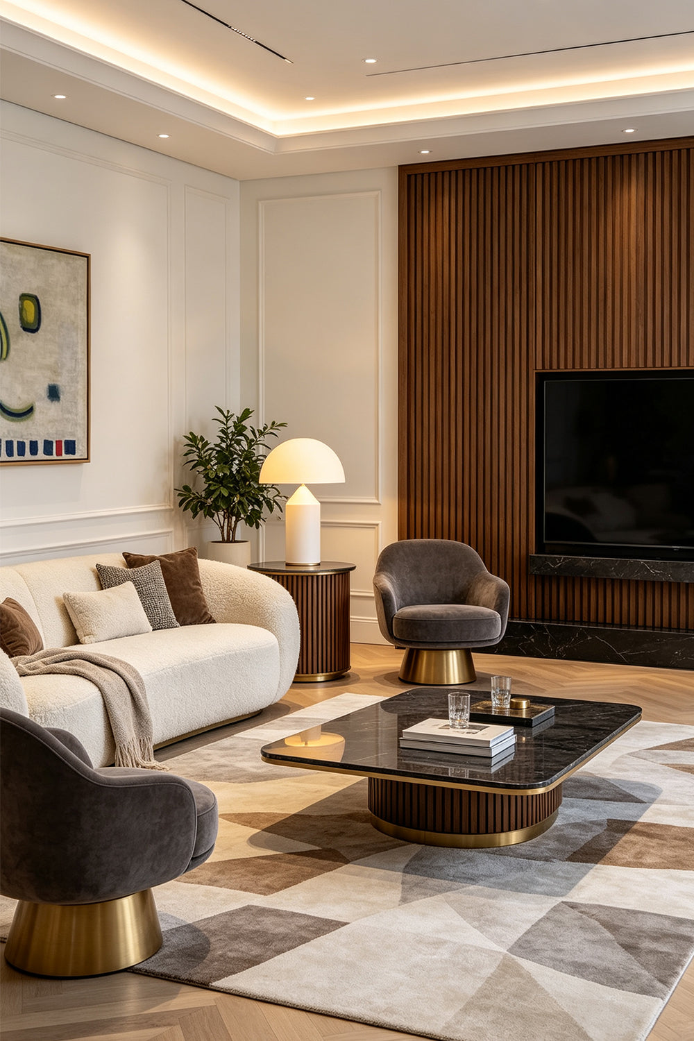 Solene Domed Glass Table Lamp | White Frosted Glass | Styled on a wooden side table next to a contemporary cream sofa in a living room | vexa lamps