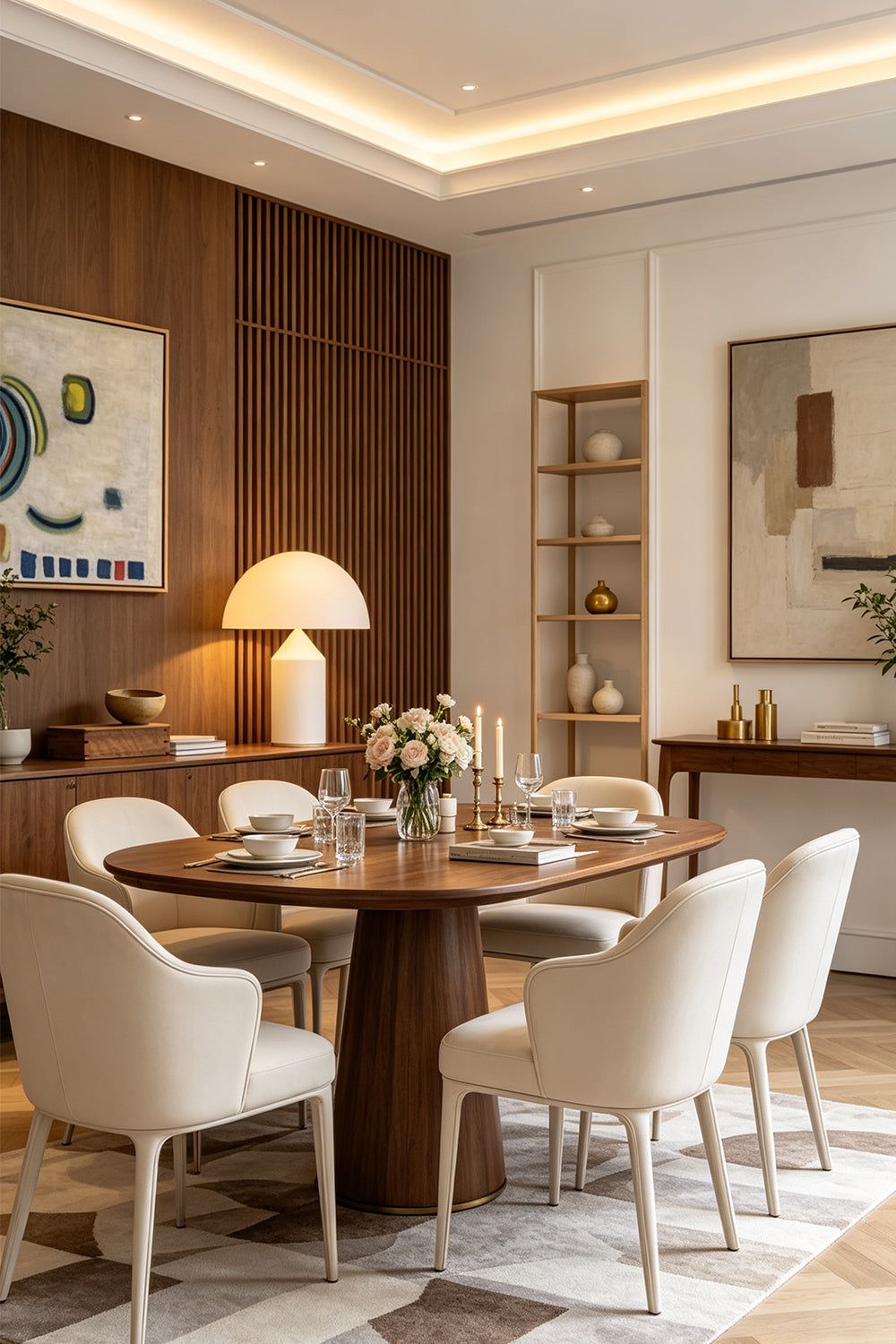 Solene Domed Glass Table Lamp | White Frosted Glass | Illuminated on a sideboard behind a round wooden dining table with cream chairs | vexa lamps