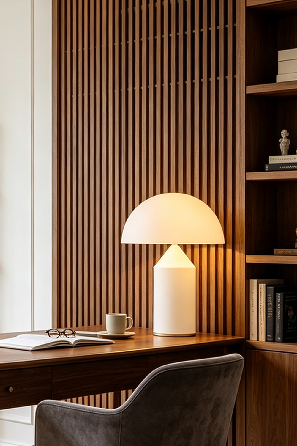 Solene Domed Glass Table Lamp | White Frosted Glass | Casting a warm ambient glow on a wooden desk against vertical wood slat wall paneling | vexa lamps