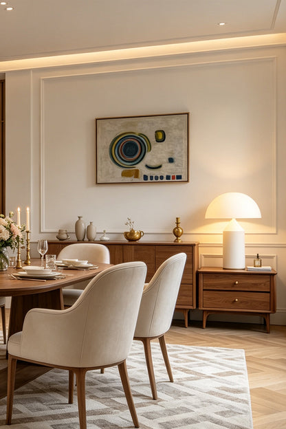 Solene Domed Glass Table Lamp | White Frosted Glass | Positioned on a dark wood credenza in an elegant dining area against a plain wall | vexa lamps