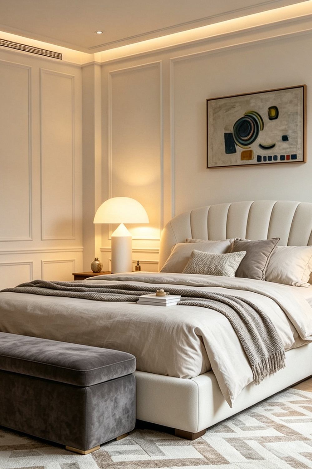 Solene Domed Glass Table Lamp | White Frosted Glass | Sitting on a wooden nightstand next to a cozy bed with a tufted headboard in a bedroom | vexa lamps