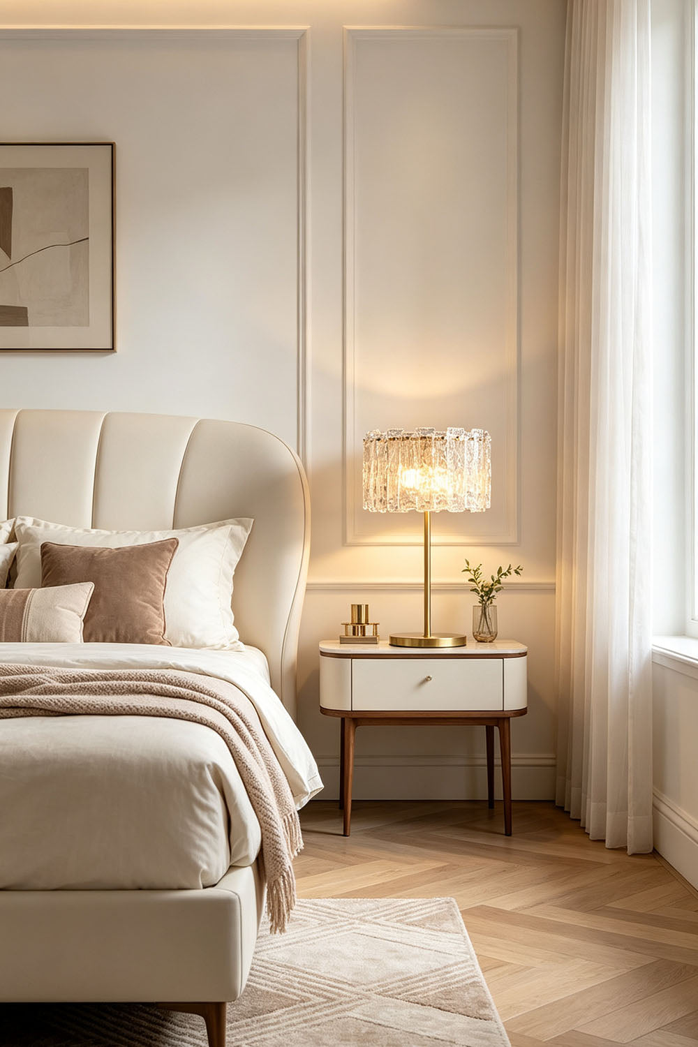 Solene Stacked Glass Table Lamp | Textured Glass and Brass | Illuminating a wooden cabinet behind a dining table | vexa lamps