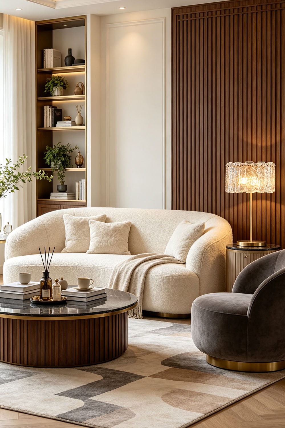Solene Stacked Glass Table Lamp | Textured Glass and Brass | Standing on a bedside nightstand in a cozy elegant bedroom | vexa lamps