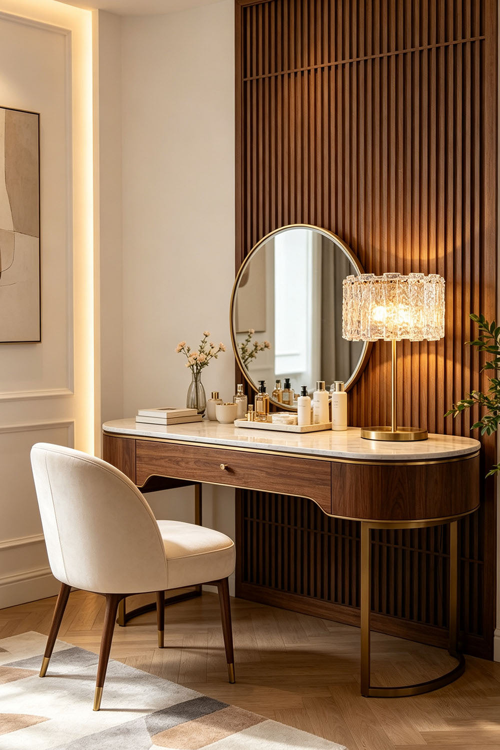 Solene Stacked Glass Table Lamp | Textured Glass and Brass | Displayed on a wooden desk in a home office with bookshelves | vexa lamps