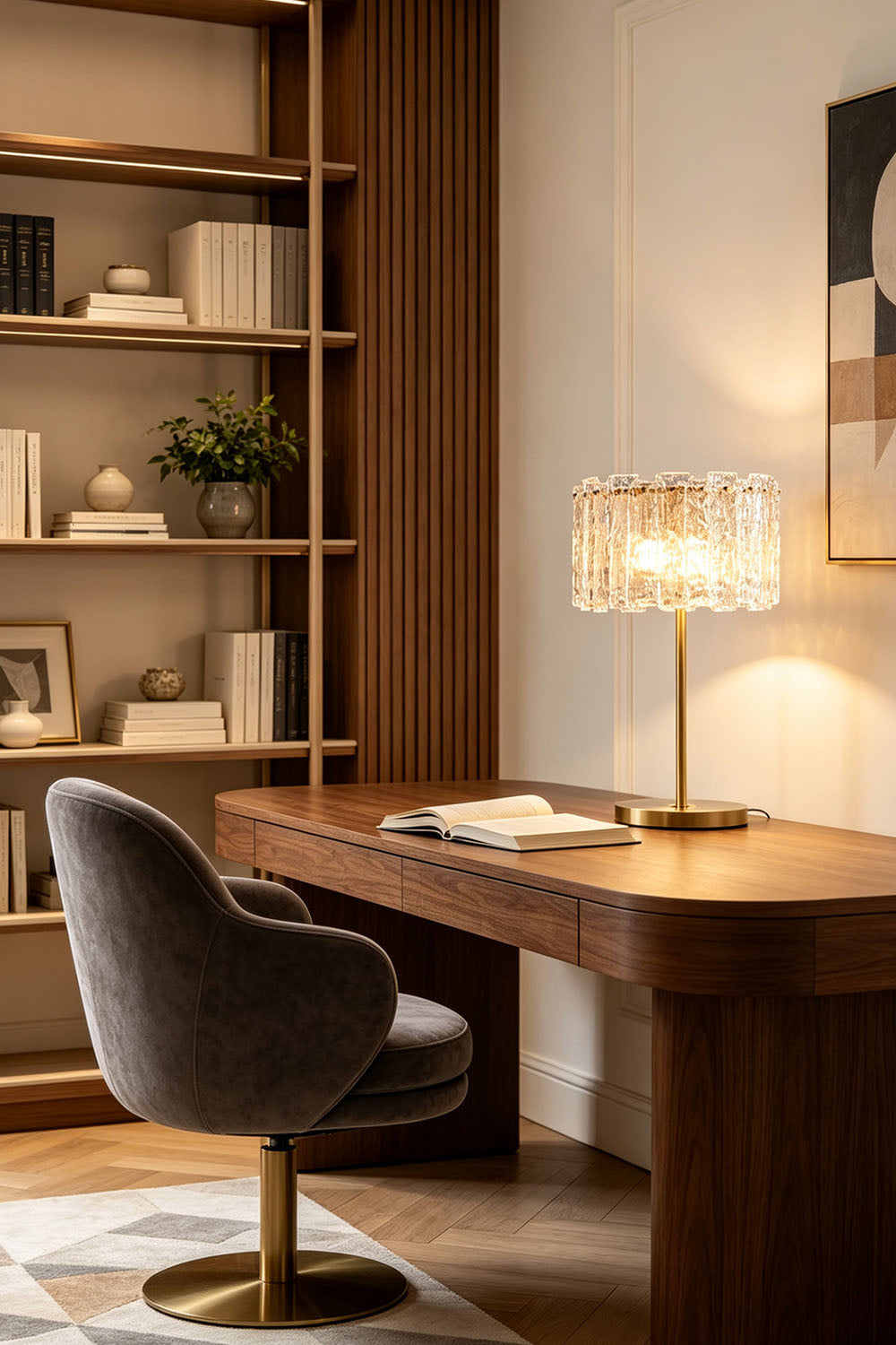 Solene Stacked Glass Table Lamp | Textured Glass and Brass | Enhancing a wooden kitchen island counter with warm light | vexa lamps